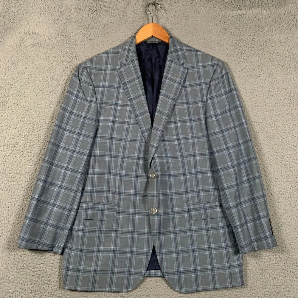 David Donahue Connor SPJ Sport Coat Mens 44R Blue Plaid Wool Blazer Two Button